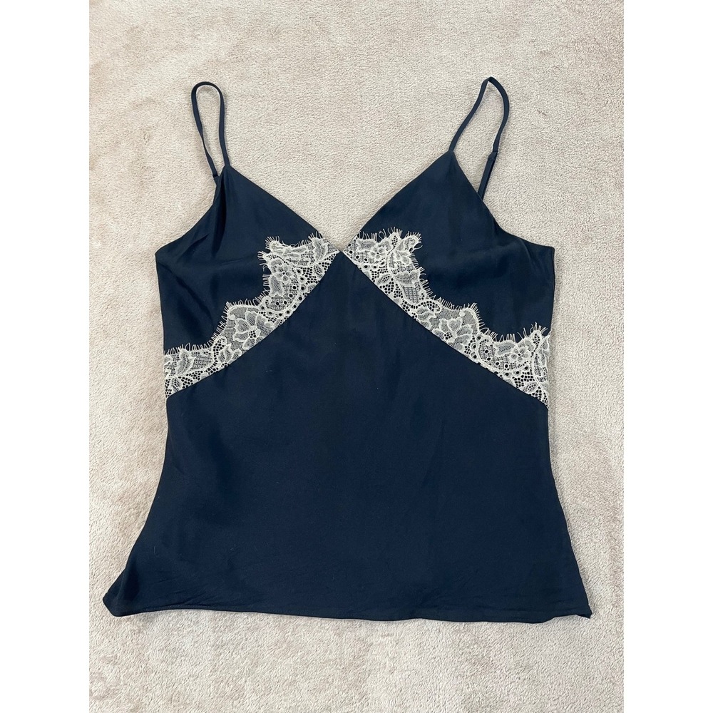 Rag & Bone Logan Lace Cami Tank Top Women's Size 6 Black Silk Blend V-Neck EUC
